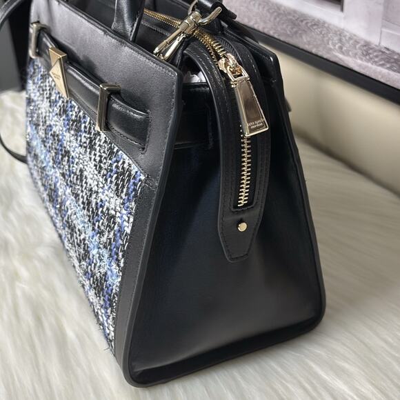 Kate Spade Deco Plaid Tweed Medium Satchel Elegant Black and Blue Tweed Handbag - Picture 2 of 10